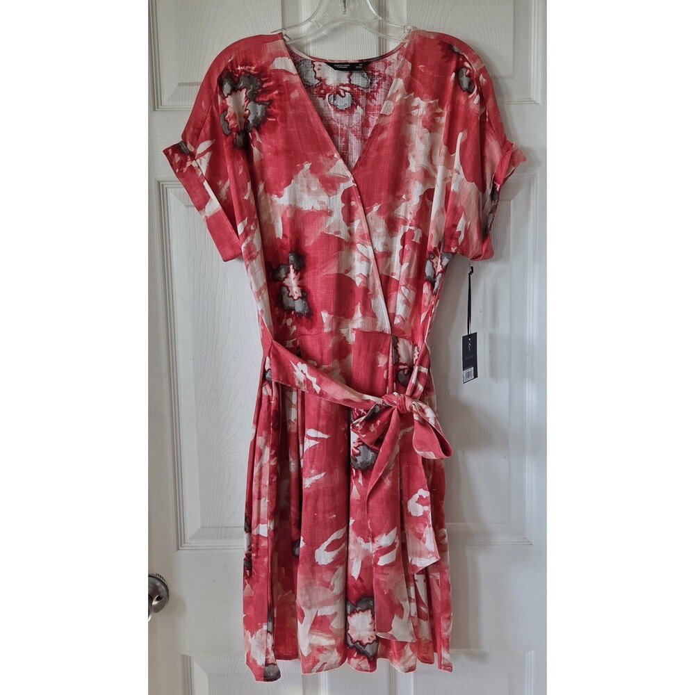 SIMPLY VERA VERA WANG Coral Bold Floral Dress Faux Wrap Rayon Linen Size M NWT